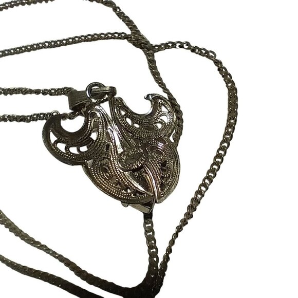 Vintage Silvertone Filigree Necklace Black Marquise Cut Stone Pendant Germany 16 - Picture 2 of 8